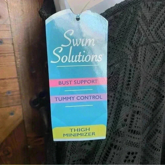 NWT Swim Solutions CROCHET BLACK Flyaway Tummy Control Swimdress Macys size 14 - Picture 9 of 11